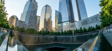 NEW YORK CITY - CIRCA JUNE 2013: NYC's 9/11 Memorial with new sk